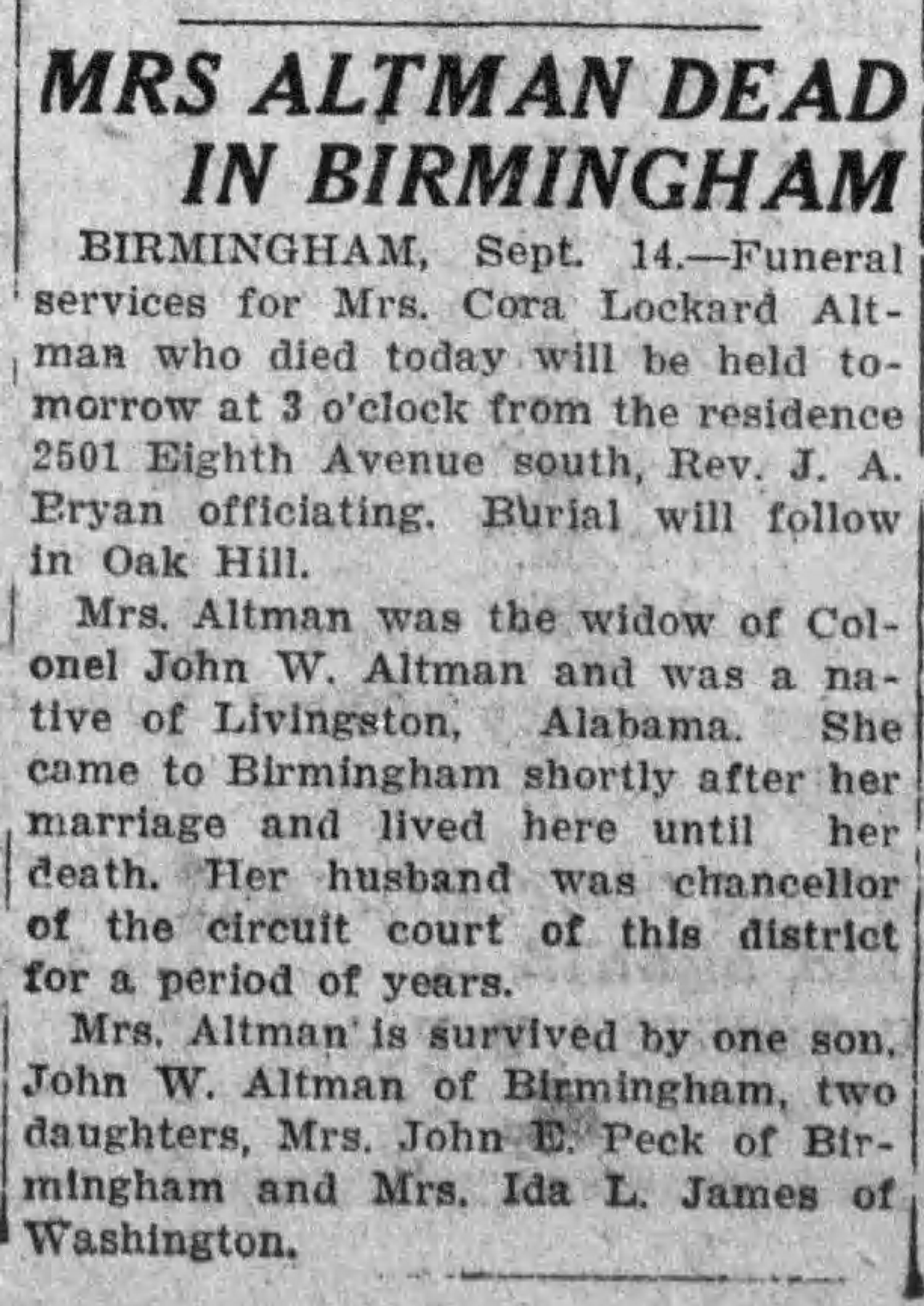 Mrs Altman Dead in Birmingham